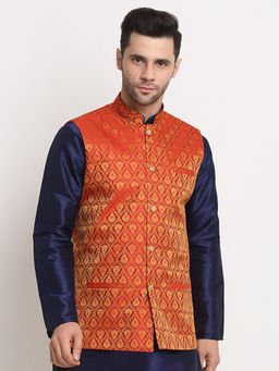 Kraft India - Mens Red Jacquard Woven Design Nehru Jacket