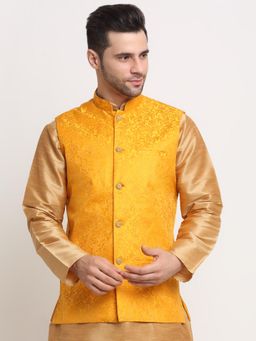 Kraft India - Mens Yellow Jacquard Woven Design Nehru Jacket