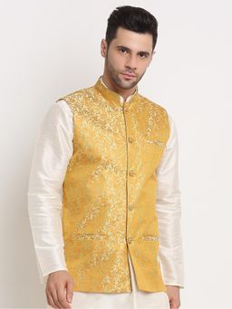Kraft India - Mens Green Jacquard Woven Design Nehru Jacket