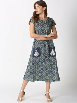 Saffron Threads - Blue Ethnic Motifs Printed Embroidered Patch Pockets Midi Dress