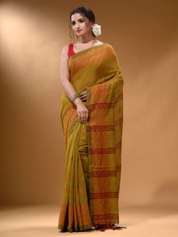 Arhi - Mustard Cotton Handspun Soft Geometric Border Saree with Unstitched Blouse
