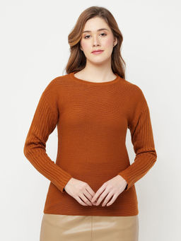 CRIMSOUNE CLUB - Women Brown Textured Round Neck Sweater