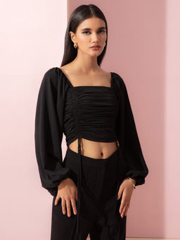 RSVP by Nykaa Fashion - Black Solid Square Neck Full Sleeves Top