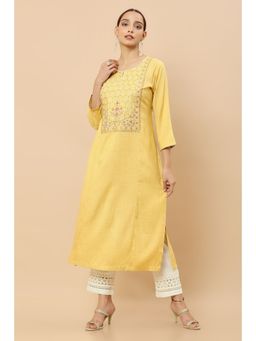 Soch - Women Mustard Rayon Floral Kurta