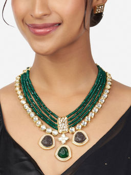 Joules By Radhika - Gold Finish Green & Grey Kundan Polki Necklace & Earrings Set (Set of 2)