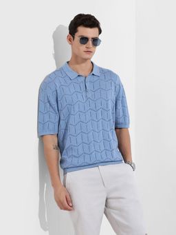 The Indian Garage Co - Men Blue Self Design Polo T-Shirt