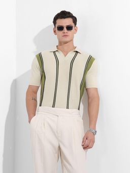 The Indian Garage Co - Men Cream Striped Polo T-Shirt