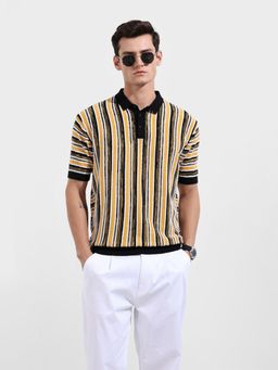 The Indian Garage Co - Men Yellow Striped Polo T-Shirt
