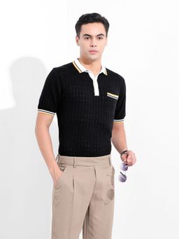 The Indian Garage Co - Men Black Textured Polo T-Shirt