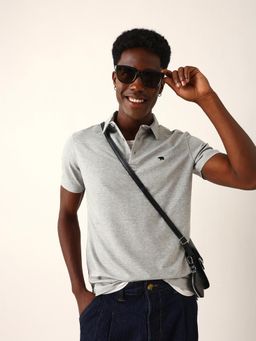 The Bear House - Men Grey Solid Polo T-Shirt