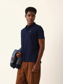 The Bear House - Men Navy Blue Solid Polo T-Shirt