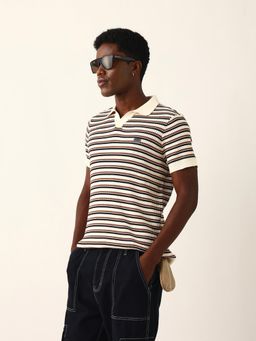 The Bear House - Men Beige Striped Polo T-Shirt