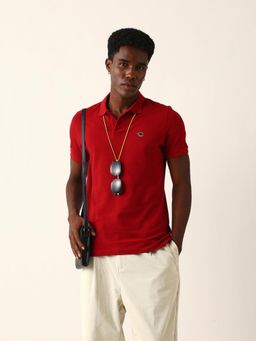 The Bear House - Men Red Cotton Solid Slim Fit Polo T-shirt