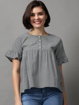 SHOWOFFFF - Women's Checked Round Neck White Peplum Regular Top