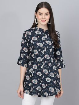 Divena - Blue Floral Printed Rayon A-line Shirts Style Top