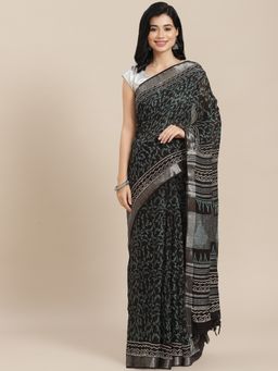 Yufta - Women Black Hand Block Printed Cotton Linen Saree with Unstitched Blouse