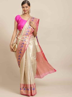 Silk Land - Kanjiwaram Silk Woven Saree with Unstiched Blouse Piece Off White with Unstitched