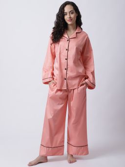 Secret Wish - Women Peach Cotton Satin Night Suit (Set of 2)