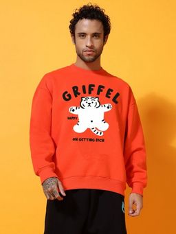 Griffel - Orange Men Winter Wear Oversized Cotton Fleece Pullover Sweatshirt