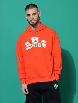 Griffel - Orange Men Winter Wear Oversized Cotton Fleece Pullover Hoodie