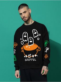 Griffel - Black Men Winter Wear Oversized Cotton Fleece Pullover Sweatshirt