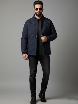 SPIRIT - Men Solid High Neck Navy Blue Full Sleeves Puffer Jacket