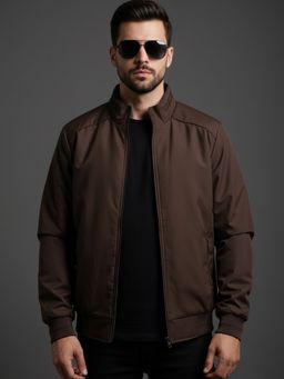 SPIRIT - Men Solid High Neck Brown Full Sleeves Bomber Jacket