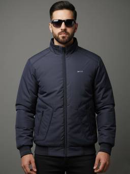 SPIRIT - Men's Solid High Neck Navy Blue Full Sleeves Puffer Jacket