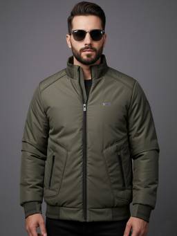 SPIRIT - Men Solid High Neck Olive Full Sleeves Puffer Jacket