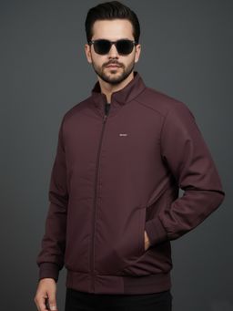 SPIRIT - Men Solid High Neck Wine Full Sleeves Bomber Jacket