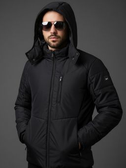 SPIRIT - Men Solid Hooded Black Full Sleeves Puffer Jacket