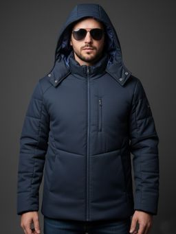 SPIRIT - Men Solid Hooded Navy Blue Full Sleeves Puffer Jacket