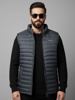 SPIRIT - Men Solid High Neck Grey Sleeveless Puffer Jacket