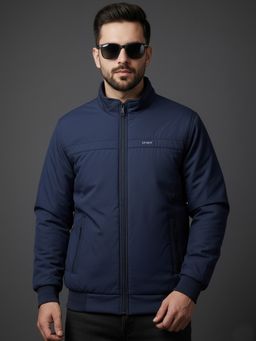 SPIRIT - Men's Solid High Neck Navy Blue Full Sleeves Bomber Jacket
