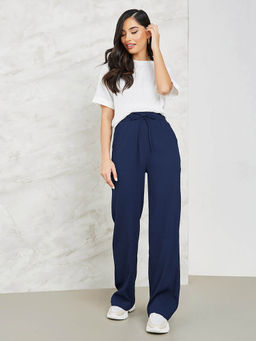 Styli - Womens Navy Blue Textured Wide Leg Pant with Side Pocket