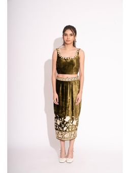 House of Inari - Mehndi Green 3D Flower Makhmal Crop Top with Skirt