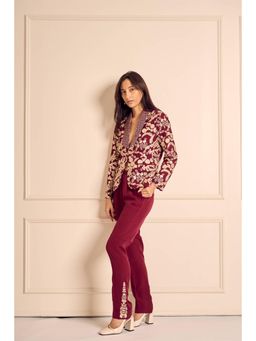 House of Inari - Naaz Burgundy Pure Silk Crepe Embroidered Jacket with Pant