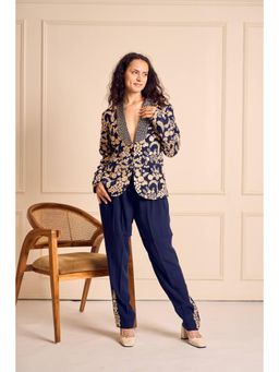 House of Inari - Naaz Blue Pure Silk Crepe Embroidered Jacket with Pant