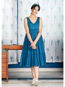 PIMU - Blue Midi Dress with Embroidered for Women