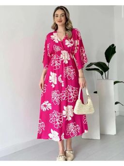 PIMU - Pink Front Slit Midi Dress for Women Party Wear