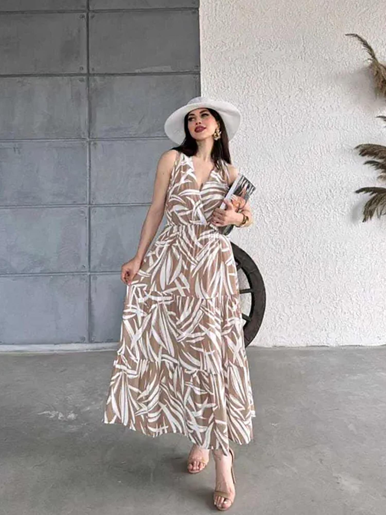 Brown Viscose Patterned Summer Dress-image-39