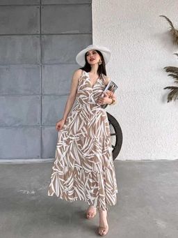 PIMU - Brown Viscose Patterned Summer Dress