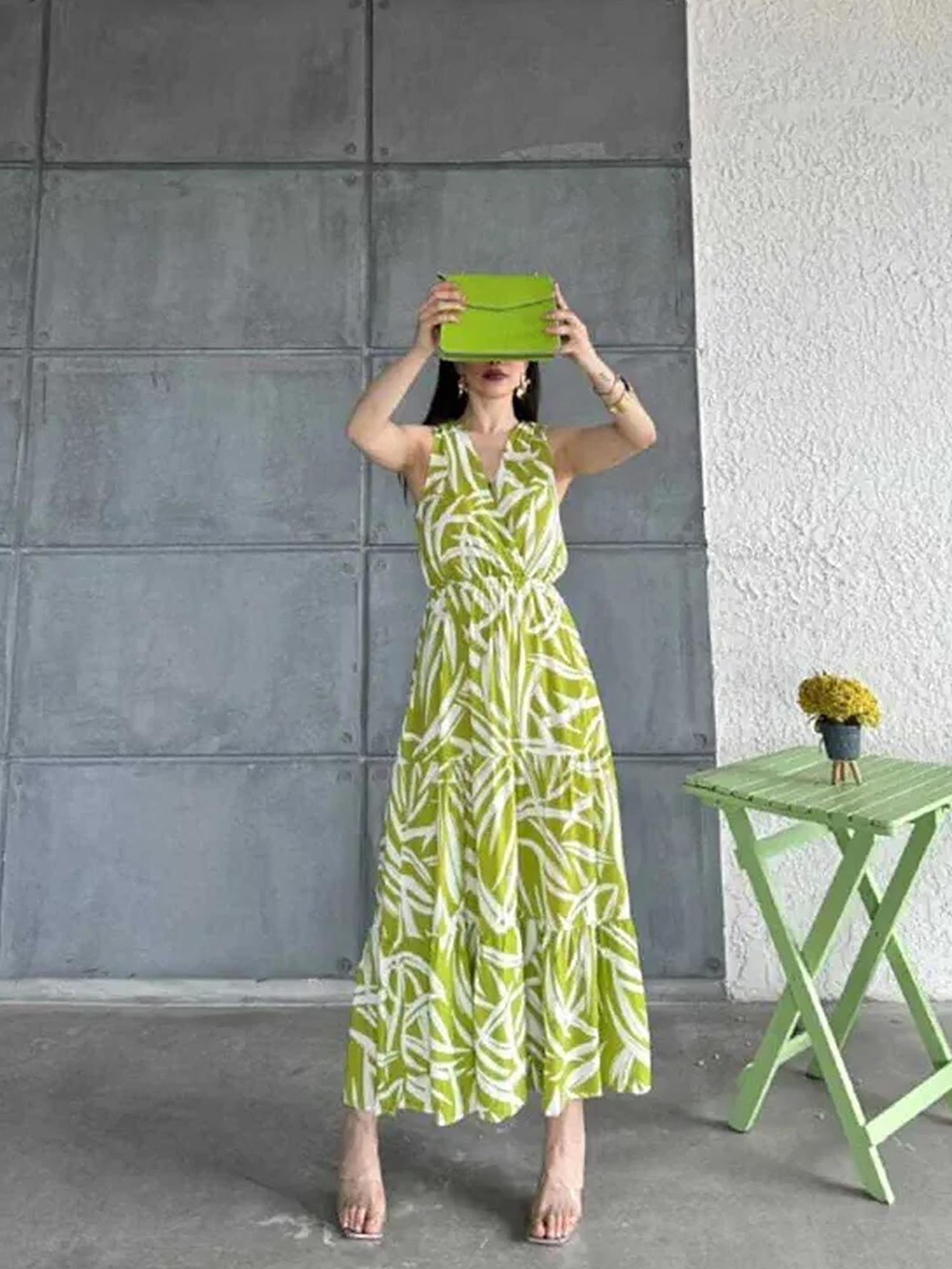pimu Green Viscose Patterned Summer Dress-picture-24