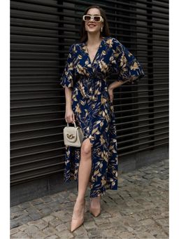 PIMU - Blue Front Slit Midi Dresses with Belt for Women Party Wear