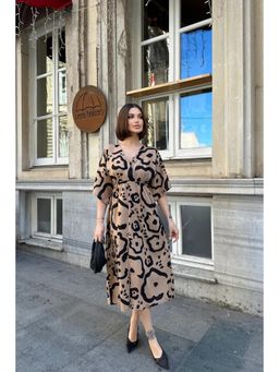 PIMU - Brown Front Slit Midi Dresses V-Neck Designs for Women Party Wear