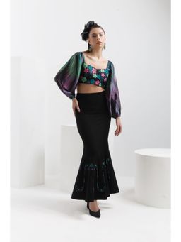 THE SILK LOVE - Black Waves Peplum Skirt with Poppy Crop Top