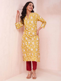 Fabindia - Yellow Cotton Hand Block Printed Long Kurta