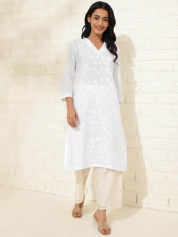 Fabindia - White Cotton Chikankari Knee Length Kurta