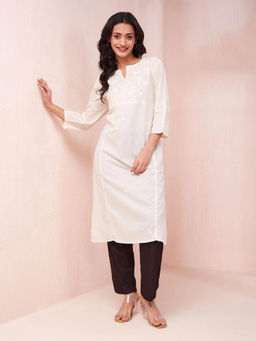 Fabindia - Off White Cotton Chikankari Long Kurta