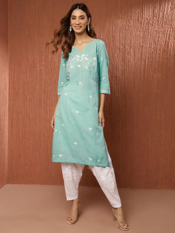 Fabindia - Turquoise Cotton Chikankari Slim Fit Long Kurta